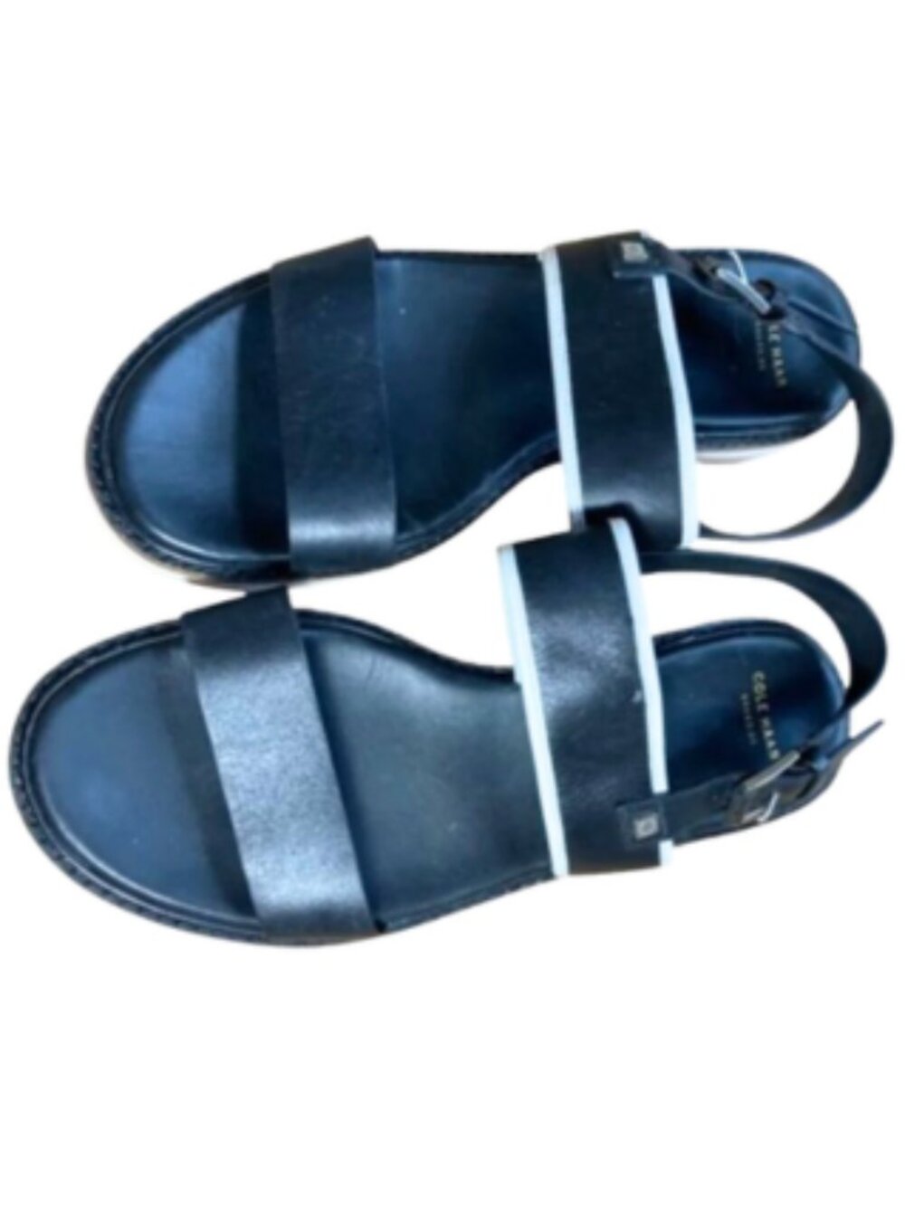 Cole Haan Black Leather Two Band Slingback Flat Sandals Contrast White Trim, 8.5 - Picture 4 of 9